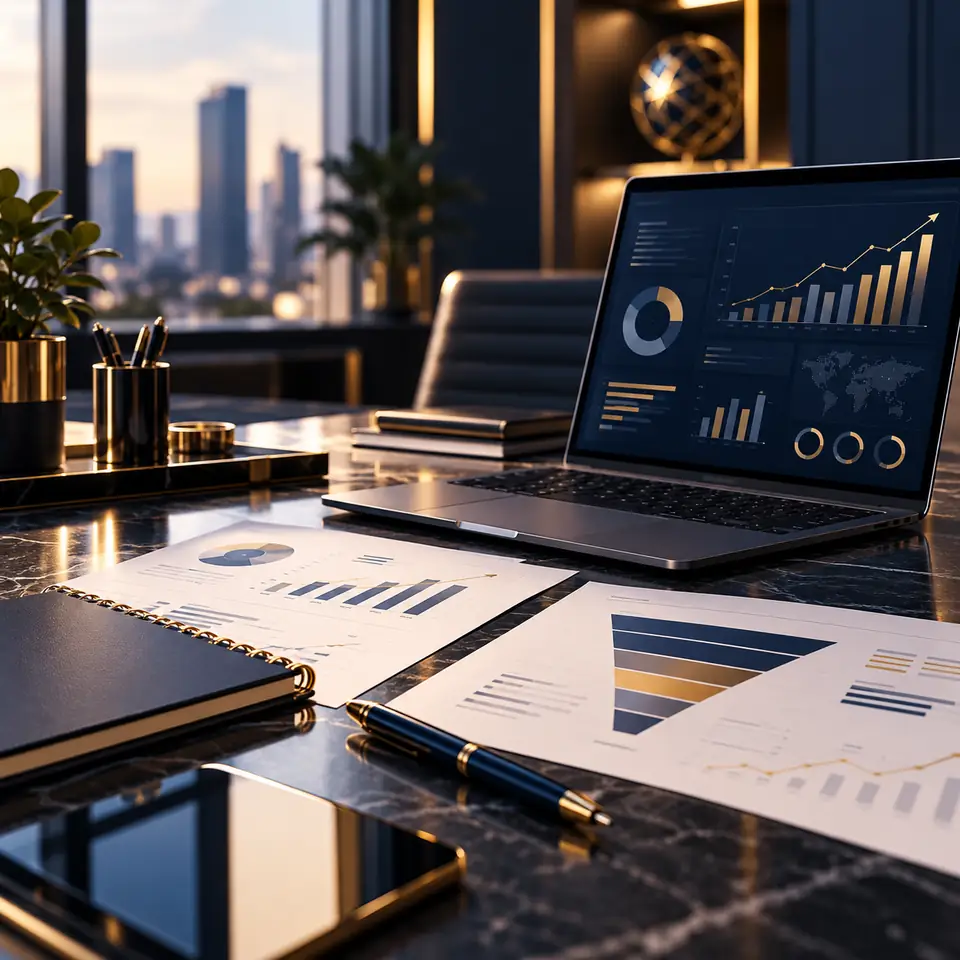 Ambiente de planejamento estratégico com indicadores de marketing, dashboards e relatórios de desempenho