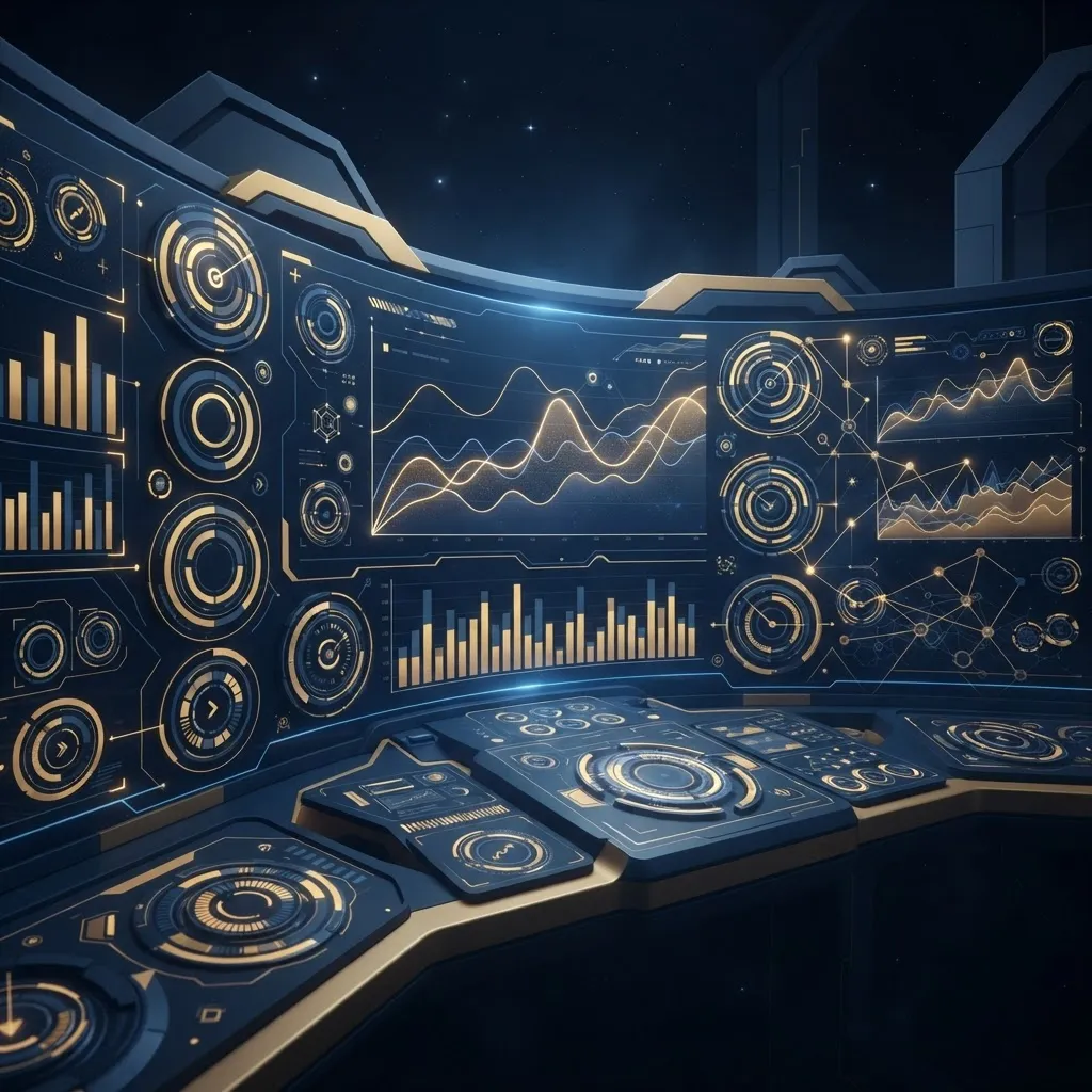 Painel amplo com gráficos de linhas, barras e indicadores