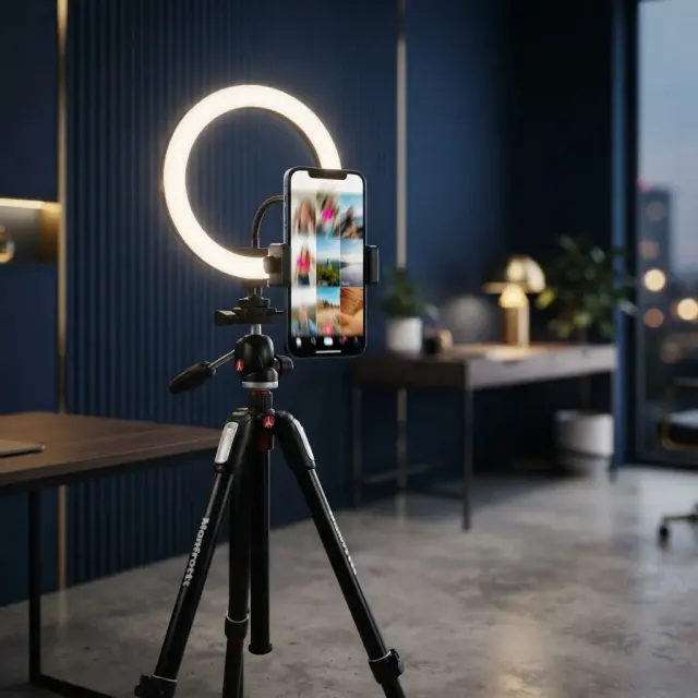 Celular em tripé com ring light em estúdio de produção de conteúdo