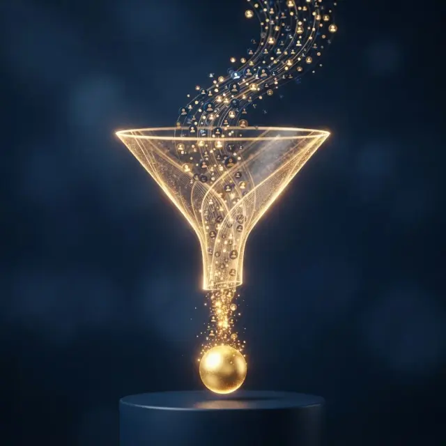 Funil de luz recebendo ícones de contatos e liberando clientes