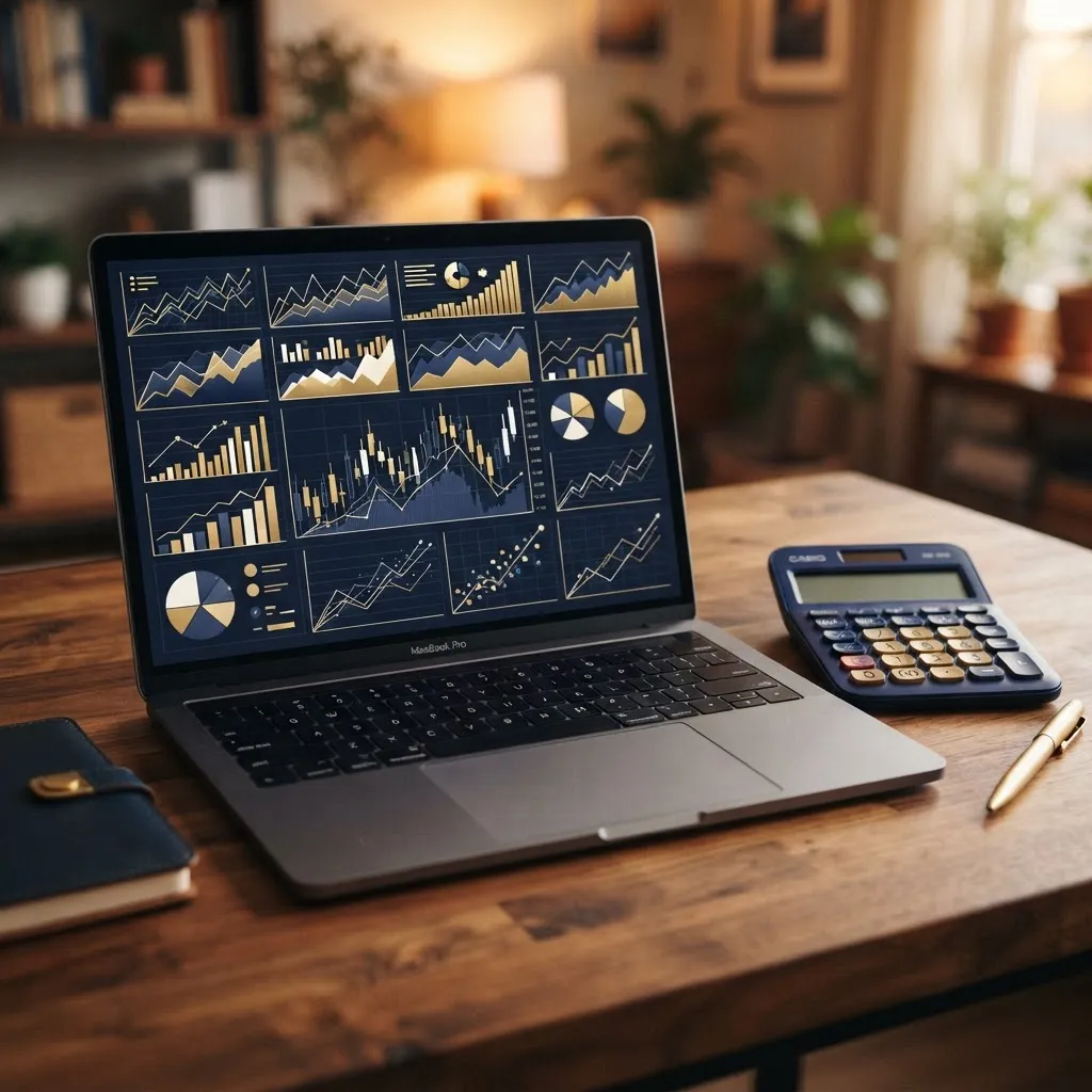 Notebook com painel de indicadores e calculadora sobre a mesa