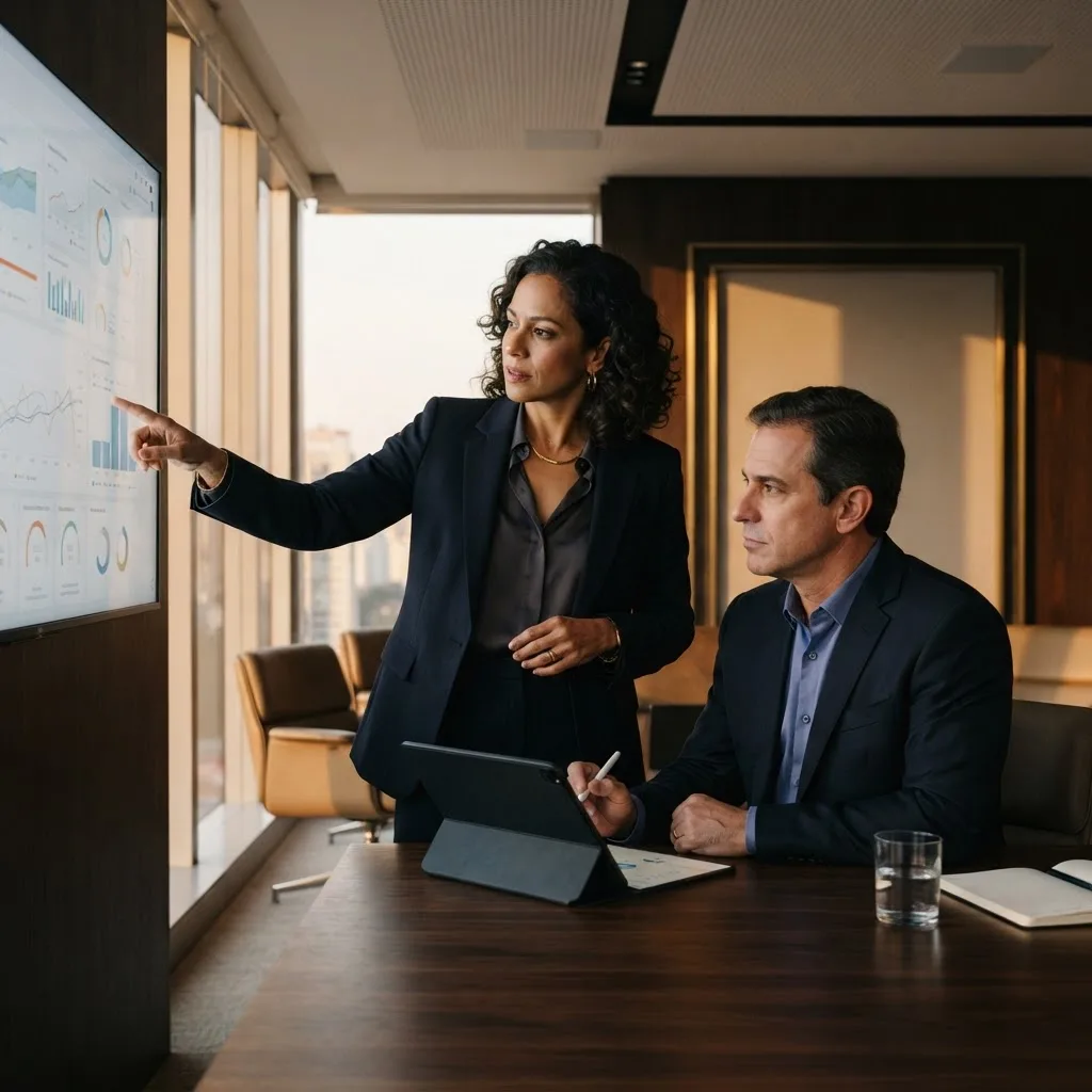 Executivos em reunião estratégica analisando indicadores de performance em uma tela, em sala executiva com luz de fim de tarde
